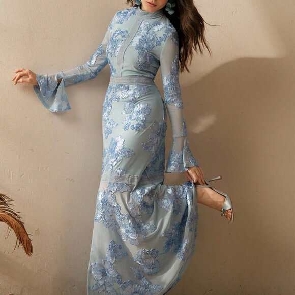 Blue Boho Women's Textured Floral Embroidered Party & Casual Long Sleeve Dress - Picture 5 of 7